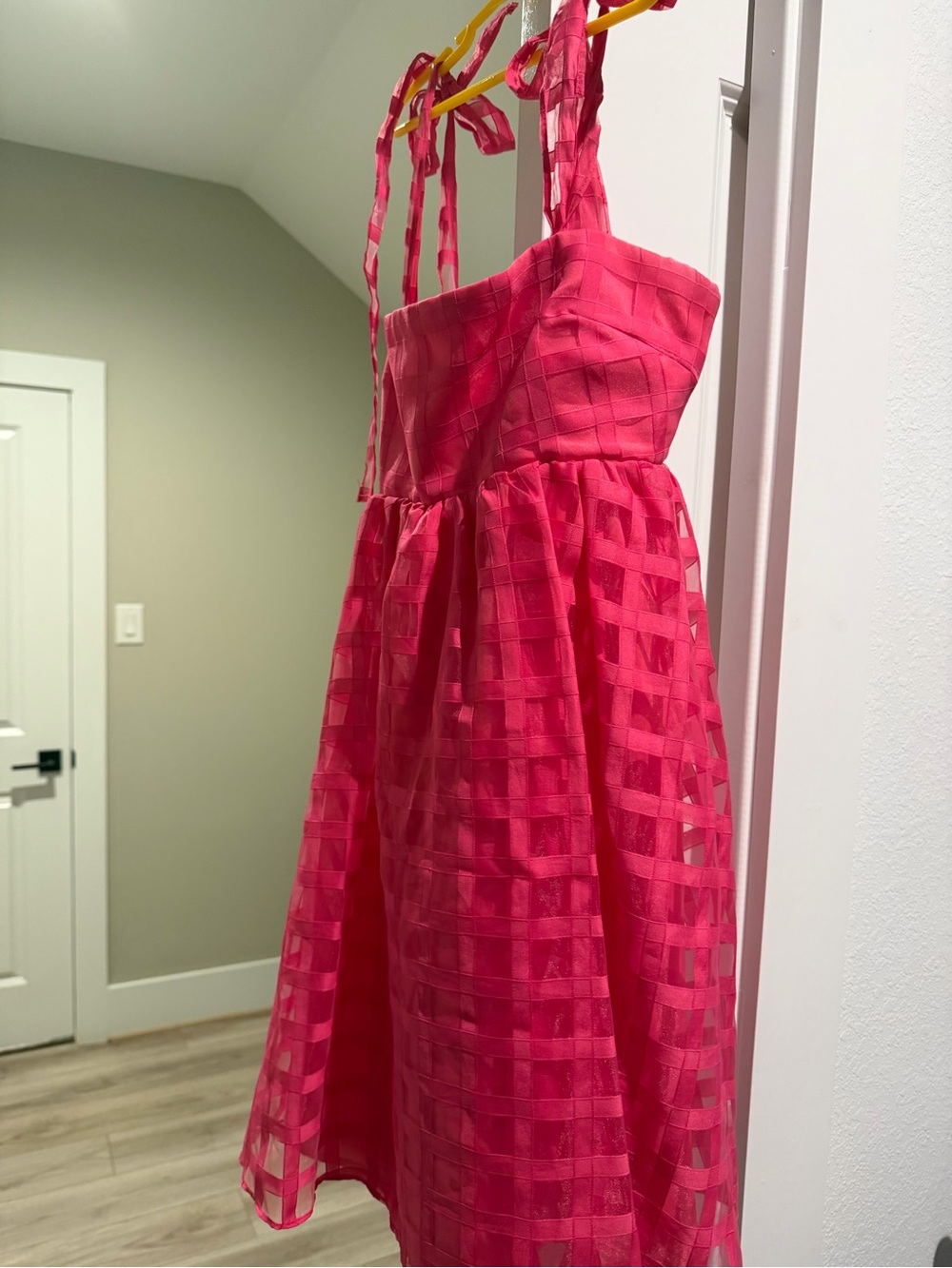 Amanda Uprichard Bright Pink Check Overlay Tie-Strap Dress